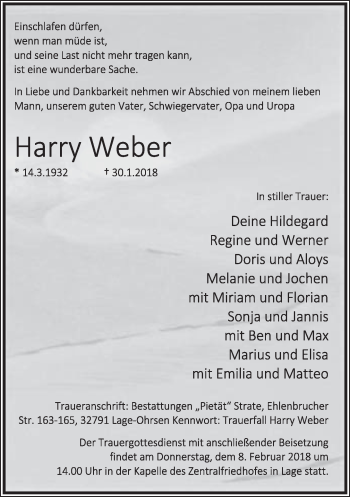 Anzeige  Harry Weber  Lippische Landes-Zeitung