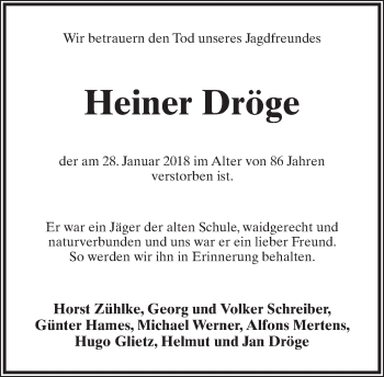 Anzeige  Heiner Dröge  Lippische Landes-Zeitung
