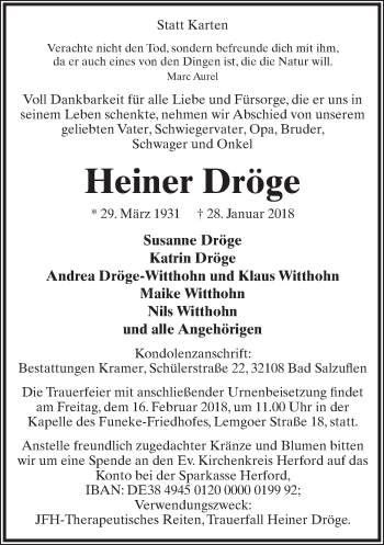 Anzeige  Heiner Dröge  Lippische Landes-Zeitung