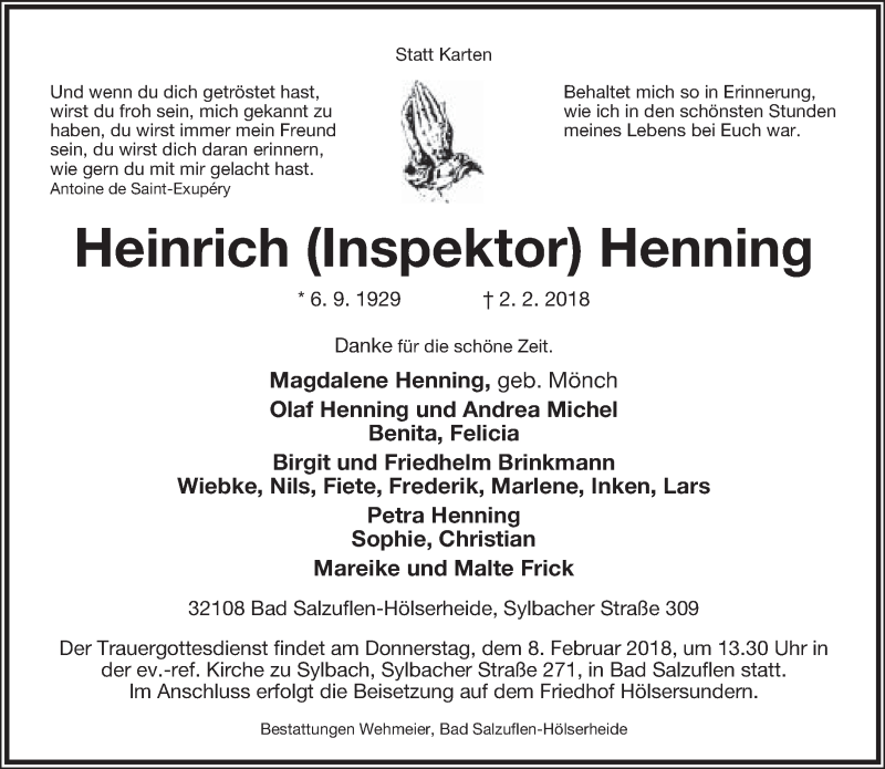  Traueranzeige für Heinrich Henning vom 06.02.2018 aus Lippische Landes-Zeitung