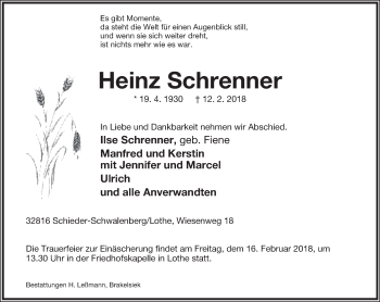 Anzeige  Heinz Schrenner  Lippische Landes-Zeitung