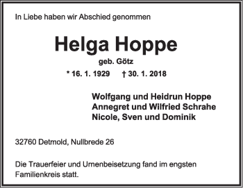 Anzeige  Helga Hoppe  Lippische Landes-Zeitung