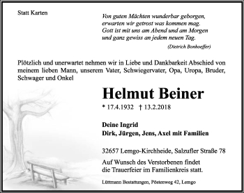 Anzeige  Helmut Beiner  Lippische Landes-Zeitung