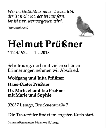 Anzeige  Helmut Prüßner  Lippische Landes-Zeitung