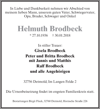 Anzeige  Helmuth Brodbeck  Lippische Landes-Zeitung