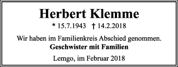 Anzeige  Herbert Klemme  Lippische Landes-Zeitung