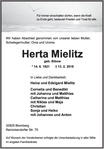 Anzeige  Herta Mielitz  Lippische Landes-Zeitung