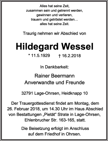 Anzeige  Hildegard Wessel  Lippische Landes-Zeitung