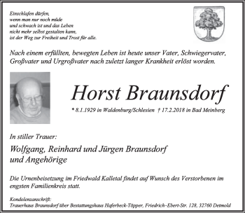 Anzeige  Horst Braunsdorf  Lippische Landes-Zeitung