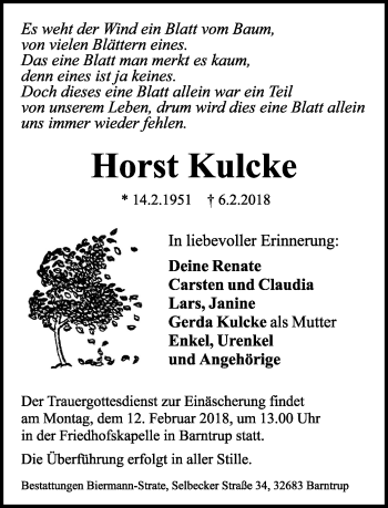 Anzeige  Horst Kulcke  Lippische Landes-Zeitung