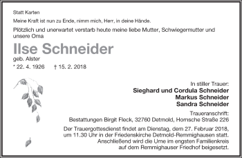 Anzeige  Ilse Schneider  Lippische Landes-Zeitung