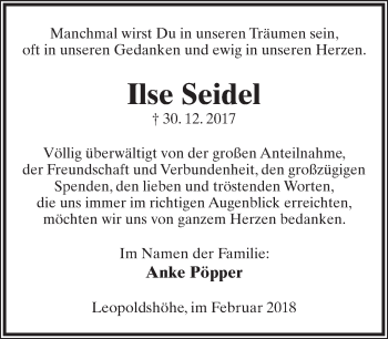 Anzeige  Ilse Seidel  Lippische Landes-Zeitung