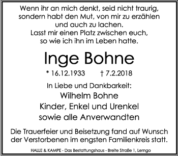 Anzeige  Inge Bohne  Lippische Landes-Zeitung
