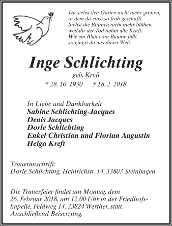 Anzeige  Inge Schlichting  Lippische Landes-Zeitung