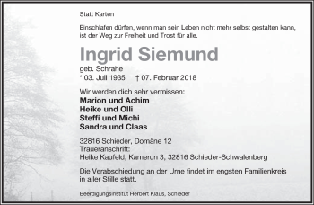 Anzeige  Ingrid Siemund  Lippische Landes-Zeitung