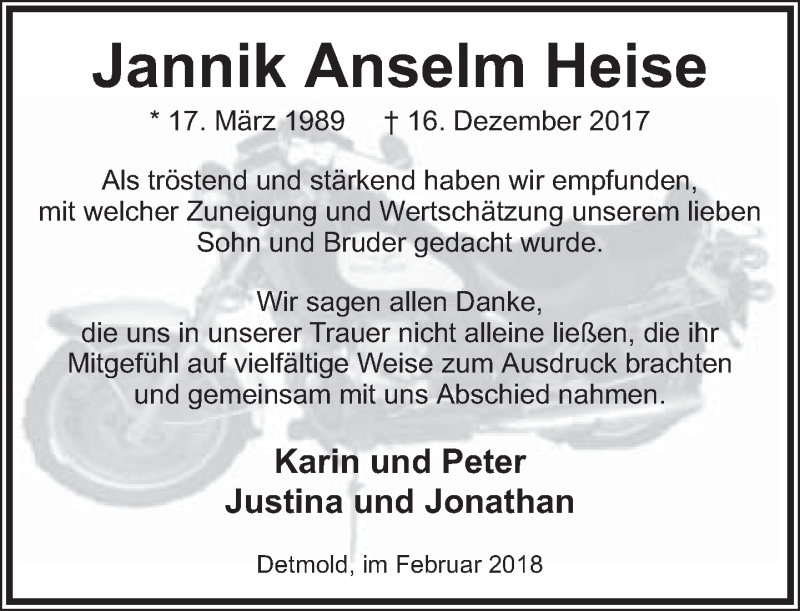 Traueranzeige für Jannik Anselm Heise vom 17.02.2018 aus Lippische Landes-Zeitung