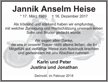 Anzeige  Jannik Anselm Heise  Lippische Landes-Zeitung