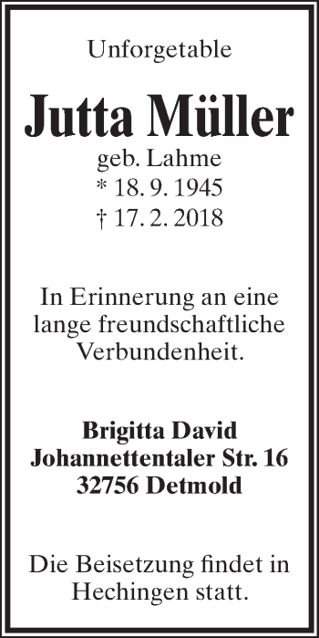 Anzeige  Jutta Müller  Lippische Landes-Zeitung