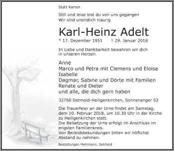 Anzeige  Karl-Heinz Adelt  Lippische Landes-Zeitung