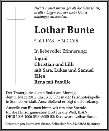 Anzeige  Lothar Bunte  Lippische Landes-Zeitung