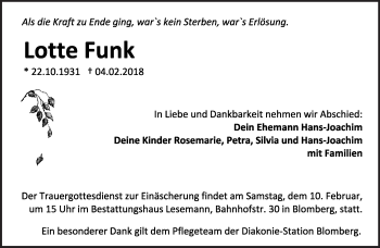Anzeige  Lotte Funk  Lippische Landes-Zeitung