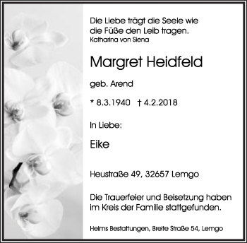 Anzeige  Margret Heidfeld  Lippische Landes-Zeitung