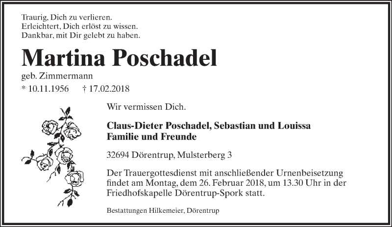  Traueranzeige für Martina Poschadel vom 21.02.2018 aus Lippische Landes-Zeitung