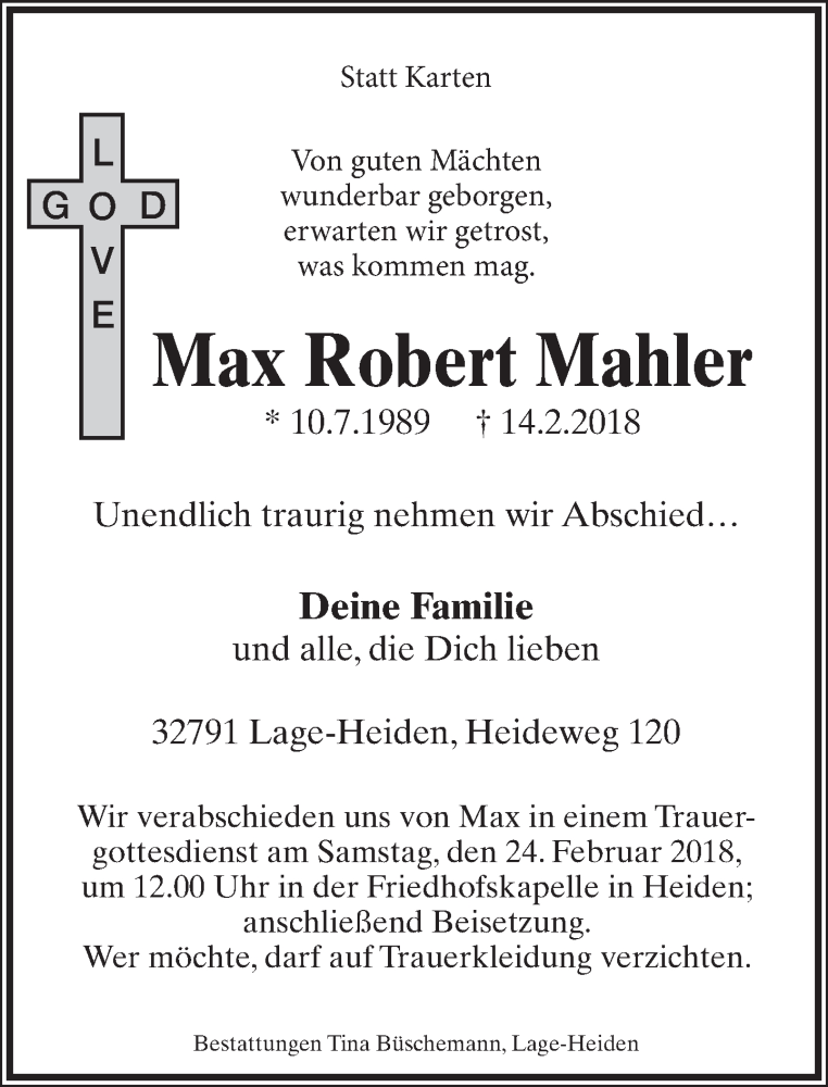  Traueranzeige für Max Robert Mahler vom 21.02.2018 aus Lippische Landes-Zeitung