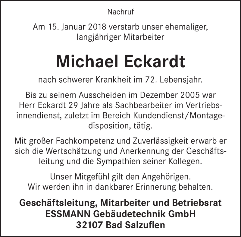  Traueranzeige für Michael Eckardt vom 10.02.2018 aus Lippische Landes-Zeitung