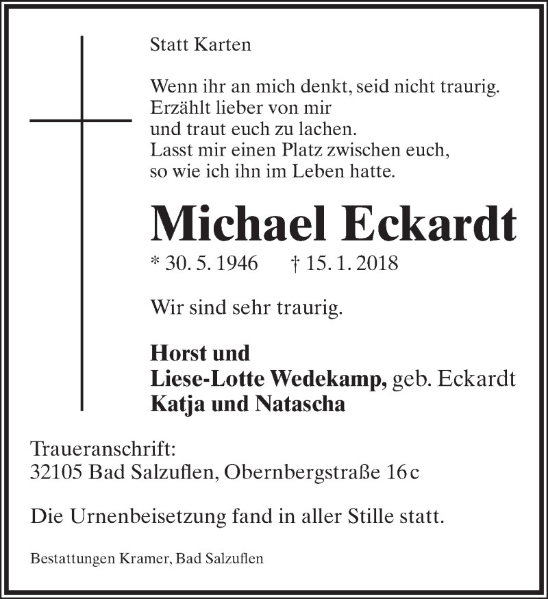  Traueranzeige für Michael Eckardt vom 03.02.2018 aus Lippische Landes-Zeitung