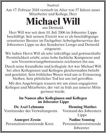 Anzeige  Michael Will  Lippische Landes-Zeitung
