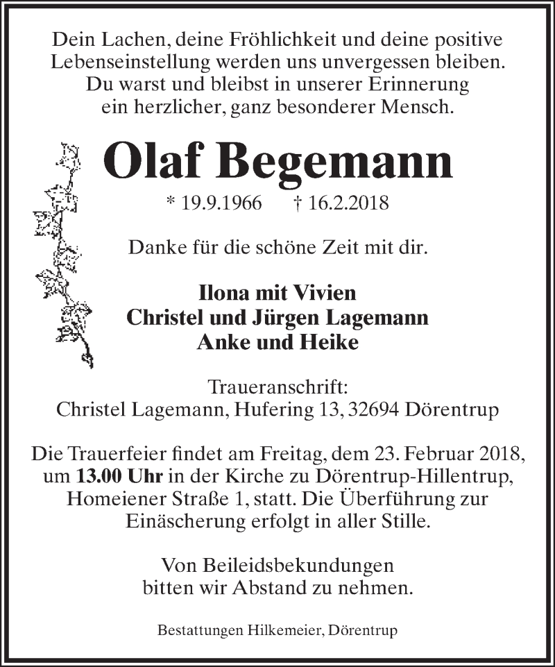  Traueranzeige für Olaf Begemann vom 21.02.2018 aus Lippische Landes-Zeitung