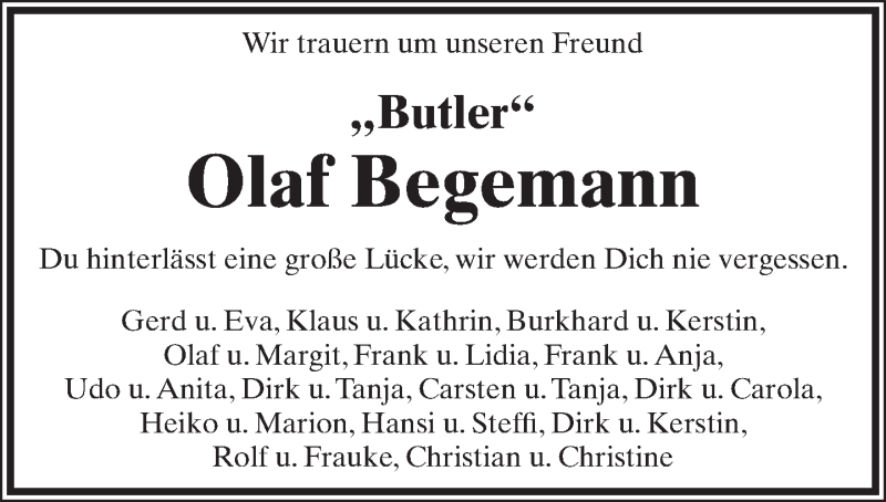  Traueranzeige für Olaf Begemann vom 23.02.2018 aus Lippische Landes-Zeitung