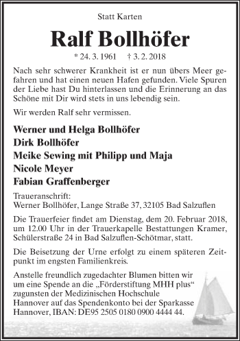 Anzeige  Ralf Bollhöfer  Lippische Landes-Zeitung