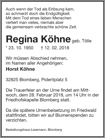 Anzeige  Regina Köhne  Lippische Landes-Zeitung