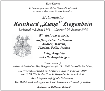 Anzeige  Reinhard Ziegenbein  Lippische Landes-Zeitung