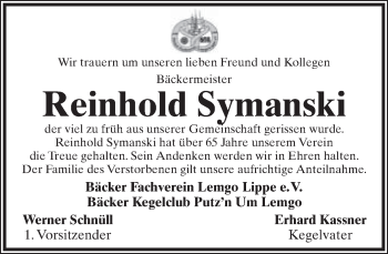 Anzeige  Reinhold Symanski  Lippische Landes-Zeitung