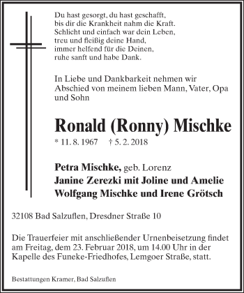 Anzeige  Ronald  Mischke  Lippische Landes-Zeitung