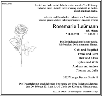 Anzeige  Rosemarie Leßmann  Lippische Landes-Zeitung