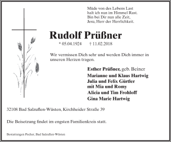 Anzeige  Rudolf Prüßner  Lippische Landes-Zeitung