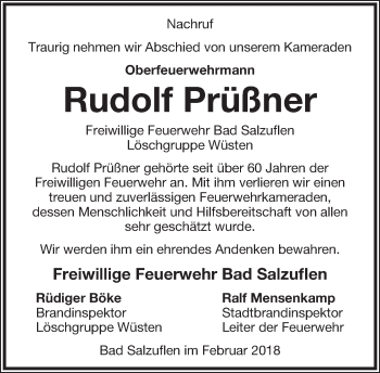 Anzeige  Rudolf Prüßner  Lippische Landes-Zeitung