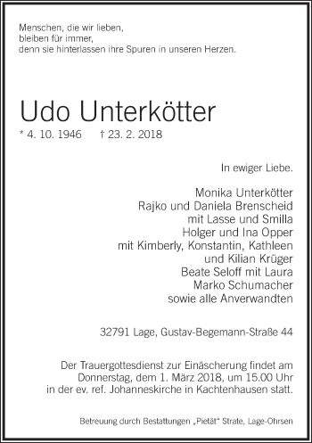 Anzeige  Udo Unterkötter  Lippische Landes-Zeitung