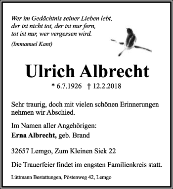 Anzeige  Ulrich Albrecht  Lippische Landes-Zeitung