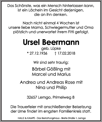 Anzeige  Ursel Beermann  Lippische Landes-Zeitung