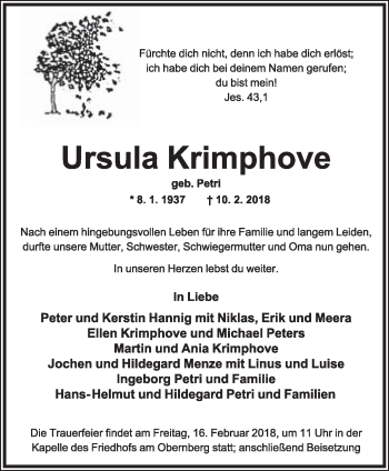Anzeige  Ursula Krimphove  Lippische Landes-Zeitung