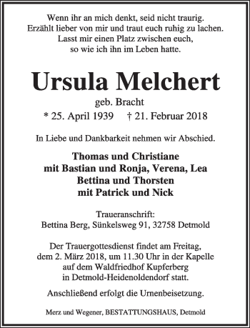 Anzeige  Ursula Melchert  Lippische Landes-Zeitung