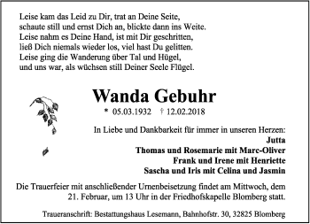 Anzeige  Wanda Gebuhr  Lippische Landes-Zeitung