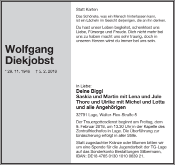 Anzeige  Wolfgang Diekjobst  Lippische Landes-Zeitung