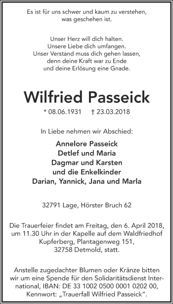 Anzeige  Wilfried Passeick  Lippische Landes-Zeitung