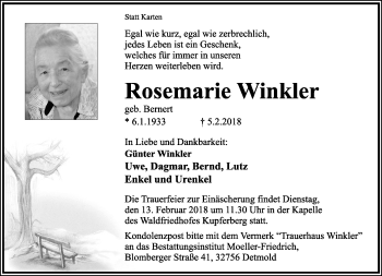 Anzeige  Rosemarie  Winkler  Lippische Landes-Zeitung